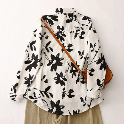Pure Cotton Printed Black & White Floral Shirt