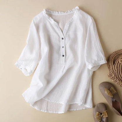 Pure Cotton Ruffled Neck Plain Top